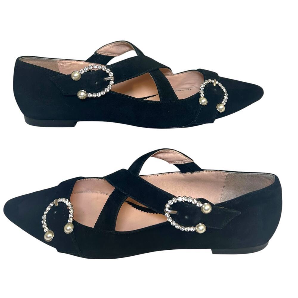 J. Crew Women’s 'Marina' Suede Pointed-Toe Flats Rhinestones Pearl, Black Size 7 - Picture 3 of 7